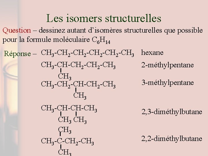 Les isomers structurelles Question – dessinez autant d’isomères structurelles que possible pour la formule