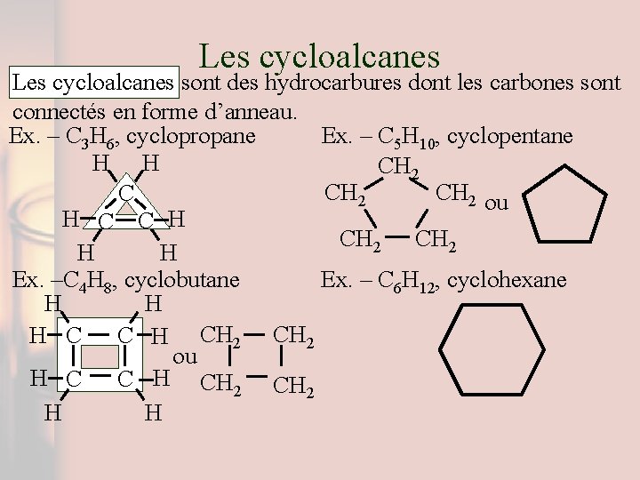 Les cycloalcanes sont des hydrocarbures dont les carbones sont connectés en forme d’anneau. Ex.