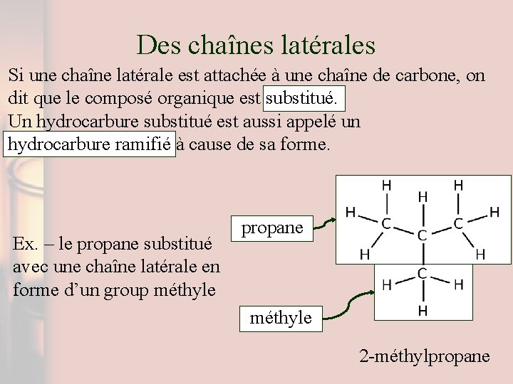 Des chaînes latérales Si une chaîne latérale est attachée à une chaîne de carbone,