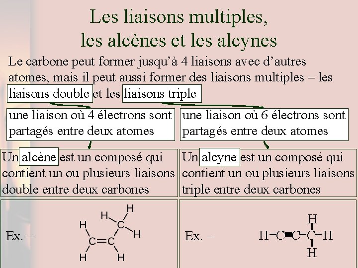 Les liaisons multiples, les alcènes et les alcynes Le carbone peut former jusqu’à 4