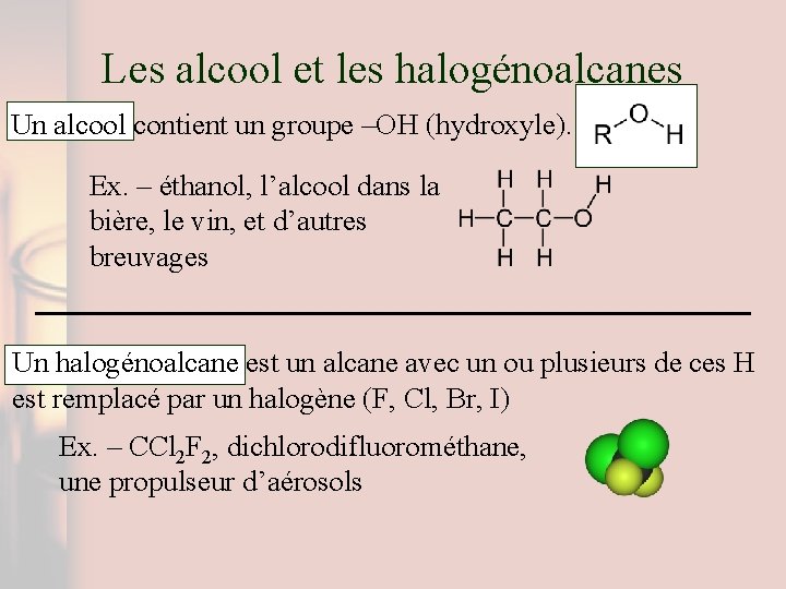 Les alcool et les halogénoalcanes Un alcool contient un groupe –OH (hydroxyle). Ex. –