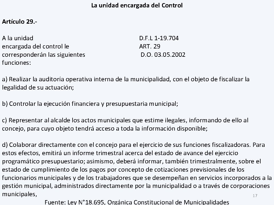 La unidad encargada del Control Artículo 29. A la unidad encargada del control le