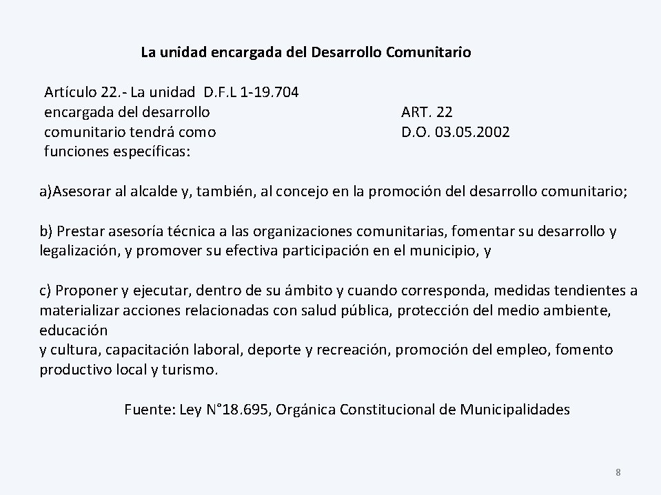 La unidad encargada del Desarrollo Comunitario Artículo 22. - La unidad D. F. L