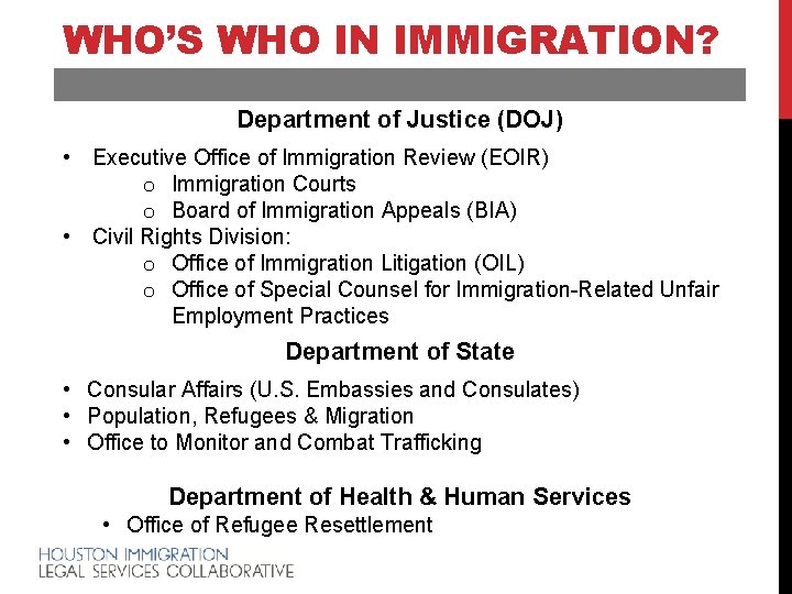 WHO’S WHO IN IMMIGRATION? Department of Justice (DOJ) • Executive Office of Immigration Review