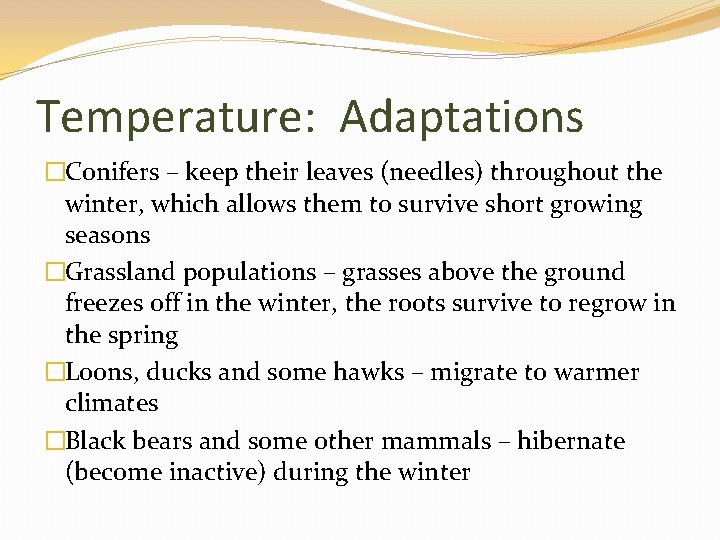 Temperature: Adaptations �Conifers – keep their leaves (needles) throughout the winter, which allows them