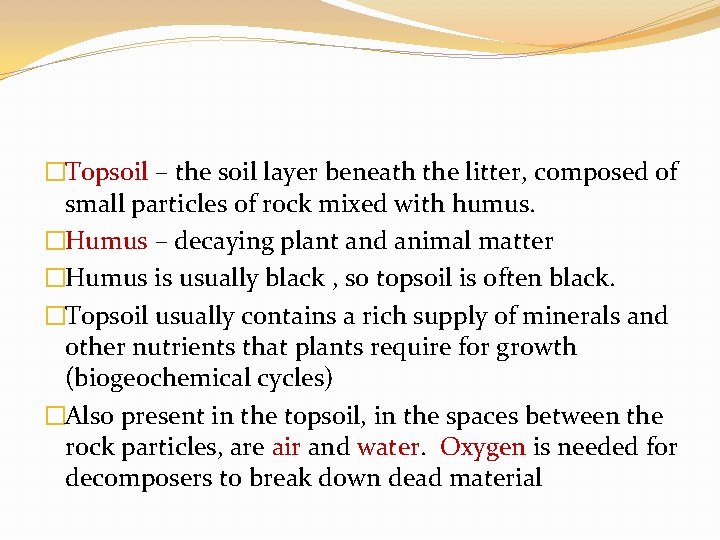 �Topsoil – the soil layer beneath the litter, composed of small particles of rock