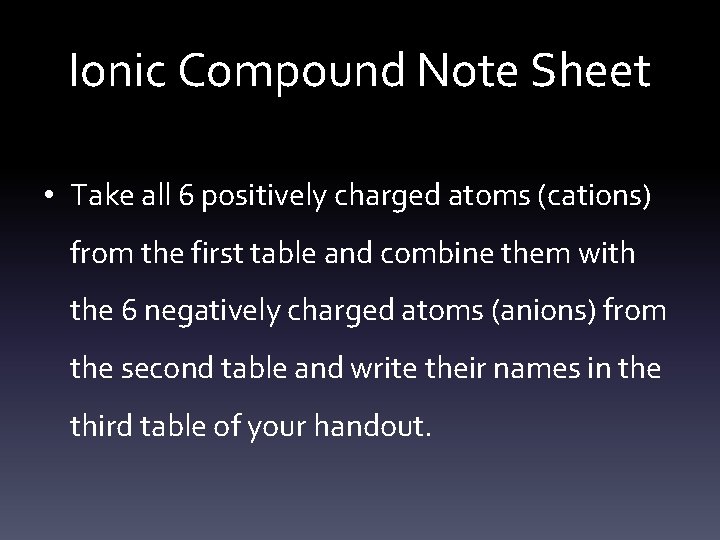 Ionic Compound Note Sheet • Take all 6 positively charged atoms (cations) from the