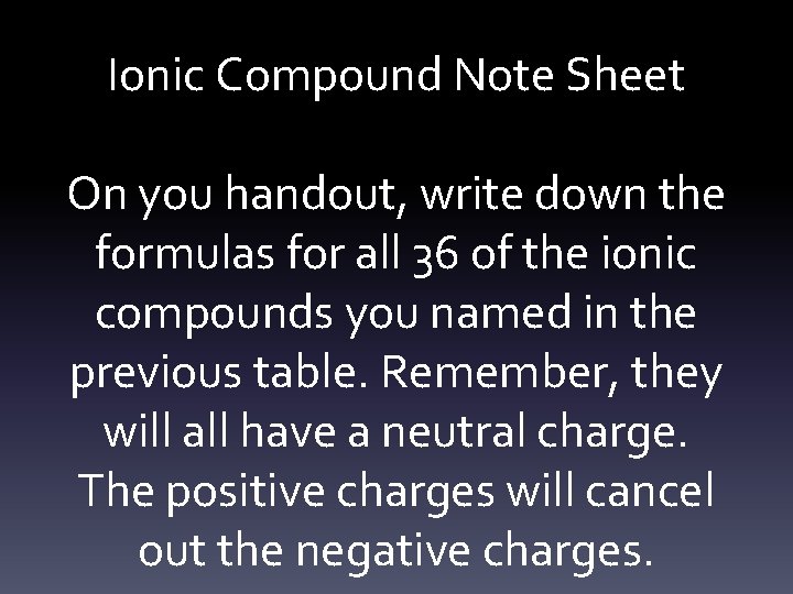 Ionic Compound Note Sheet On you handout, write down the formulas for all 36