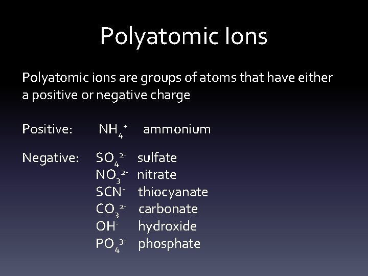 Polyatomic Ions Polyatomic ions are groups of atoms that have either a positive or