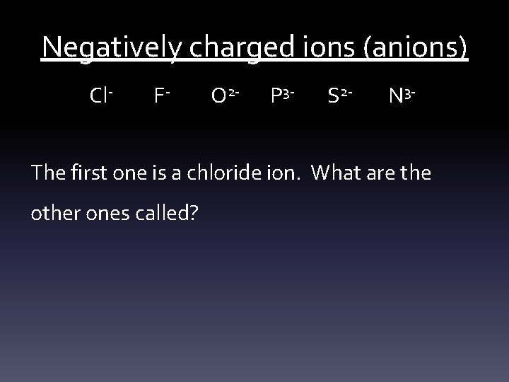 Negatively charged ions (anions) Cl- F- O 2 - P 3 - S 2