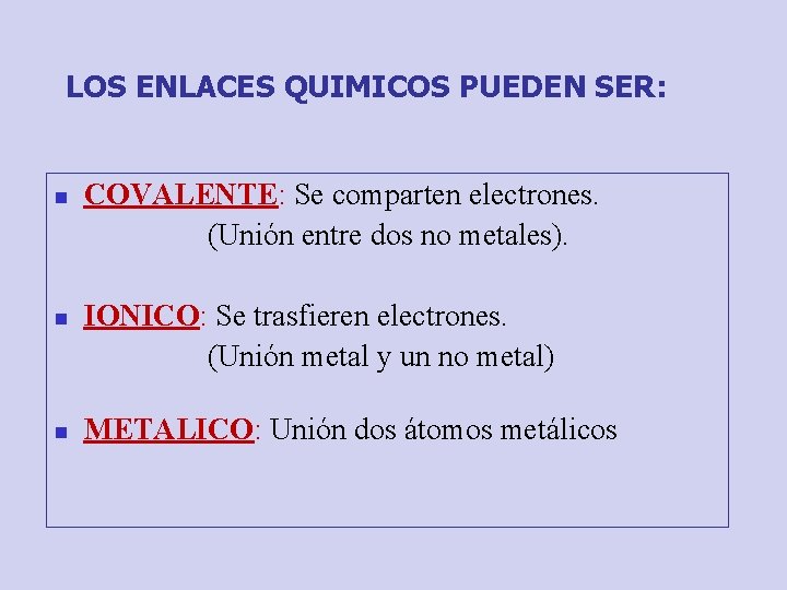 LOS ENLACES QUIMICOS PUEDEN SER: n n n COVALENTE: Se comparten electrones. (Unión entre