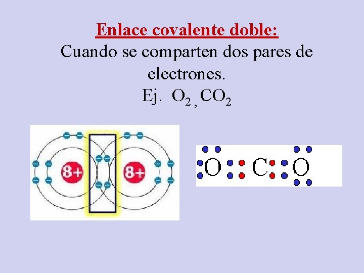 Enlace covalente doble: Cuando se comparten dos pares de electrones. Ej. O 2 ,