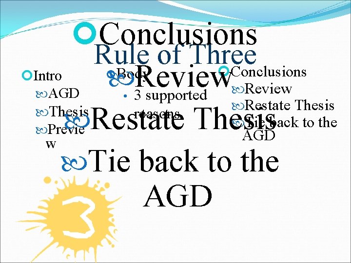  Conclusions Rule of Three Conclusions Body Intro Review AGD 3 supported Restate Thesis