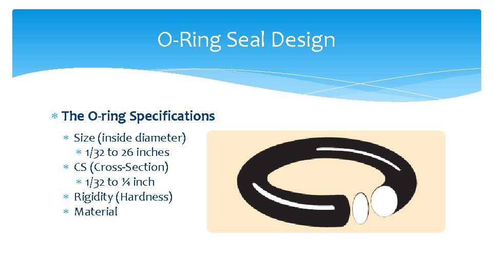 O-Ring Seal Design The O-ring Specifications Size (inside diameter) 1/32 to 26 inches CS