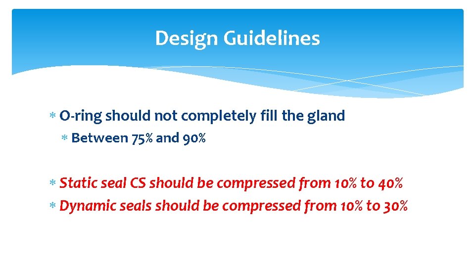 Design Guidelines O-ring should not completely fill the gland Between 75% and 90% Static