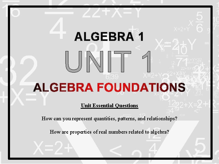 ALGEBRA 1 UNIT 1 Unit Essential Questions How can you represent quantities, patterns, and