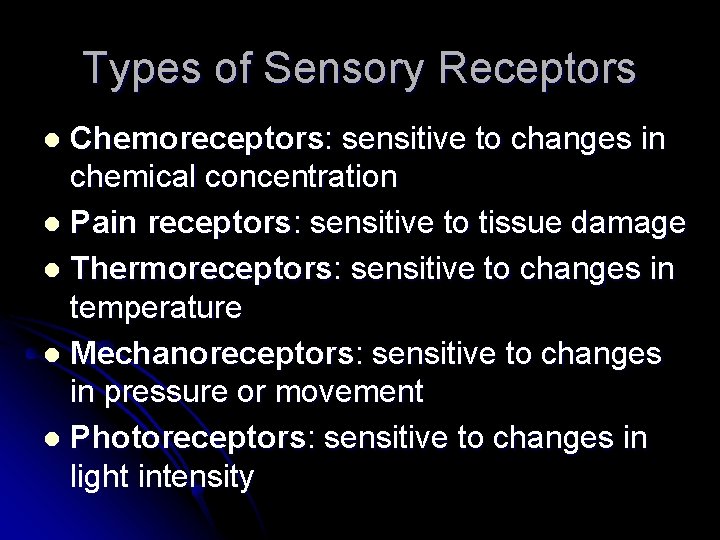 Types of Sensory Receptors Chemoreceptors: sensitive to changes in chemical concentration l Pain receptors: