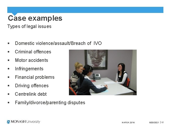Case examples Types of legal issues § Domestic violence/assault/Breach of IVO § Criminal offences