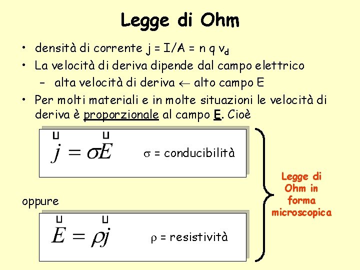 Legge di Ohm • densità di corrente j = I/A = n q vd