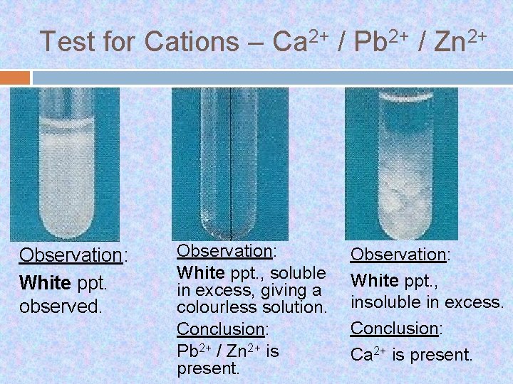 Test for Cations – Ca 2+ / Pb 2+ / Zn 2+ Observation: White