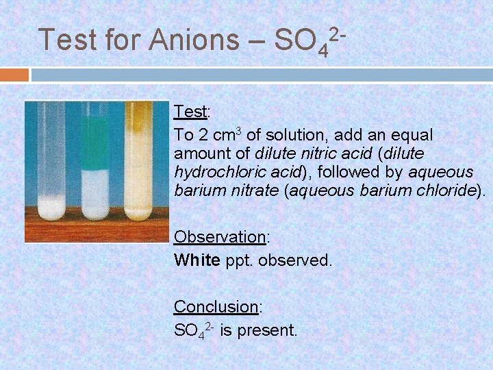Test for Anions – SO 42 Test: To 2 cm 3 of solution, add