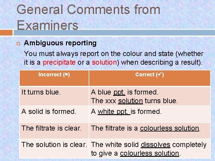 General Comments from Examiners Ambiguous reporting You must always report on the colour and