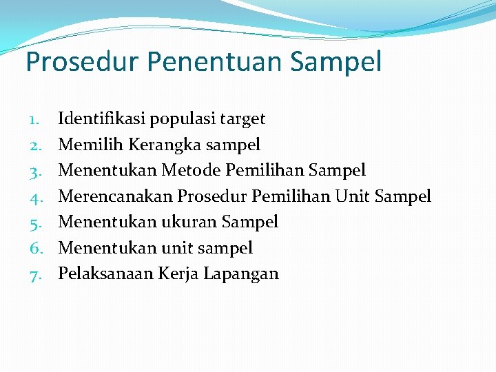 Prosedur Penentuan Sampel 1. 2. 3. 4. 5. 6. 7. Identifikasi populasi target Memilih