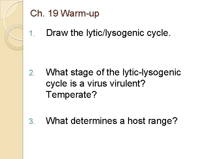 Ch. 19 Warm-up 1. Draw the lytic/lysogenic cycle. 2. What stage of the lytic-lysogenic