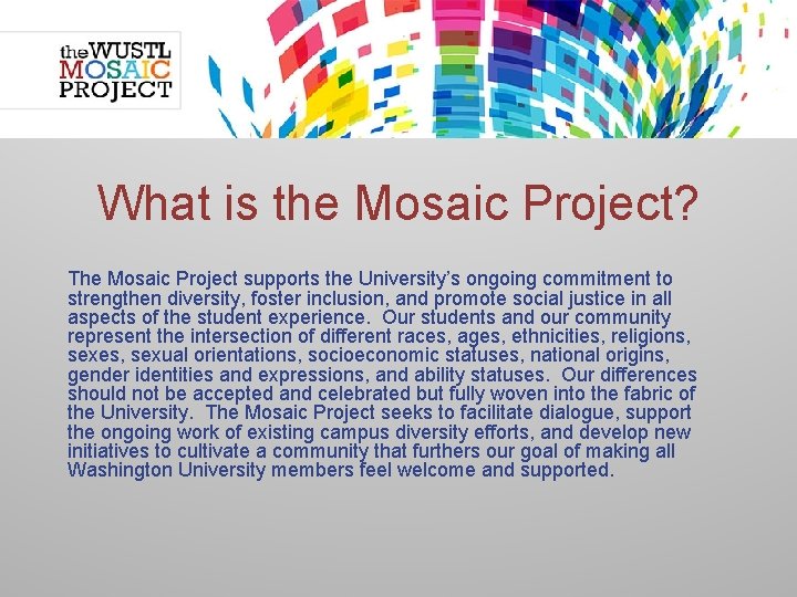 What is the Mosaic Project? The Mosaic Project supports the University’s ongoing commitment to