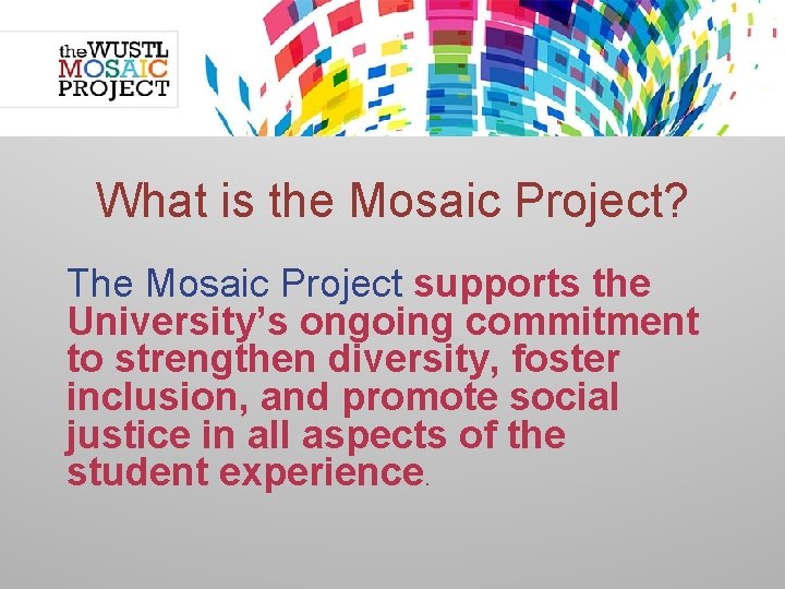 What is the Mosaic Project? The Mosaic Project supports the University’s ongoing commitment to