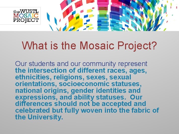 What is the Mosaic Project? Our students and our community represent the intersection of