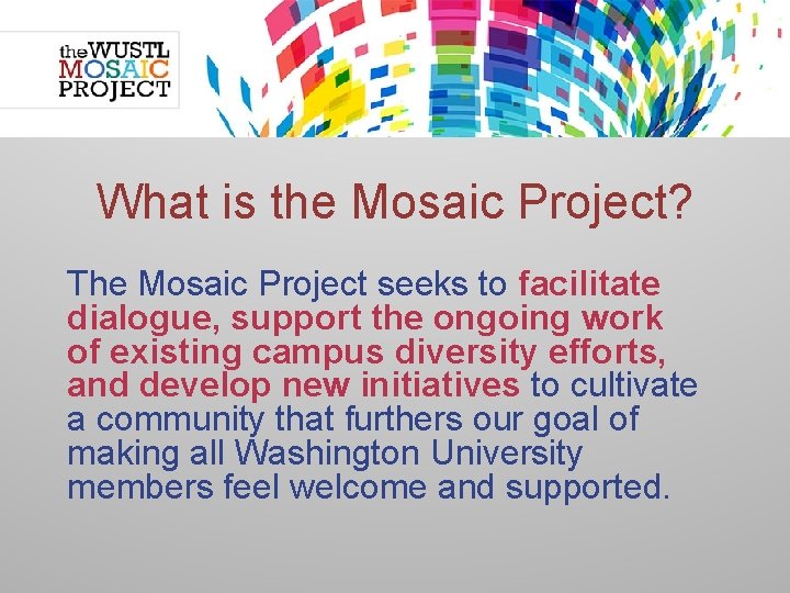 What is the Mosaic Project? The Mosaic Project seeks to facilitate dialogue, support the