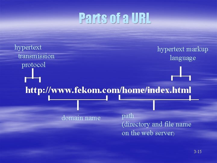 Parts of a URL hypertext transmission protocol hypertext markup language http: //www. fekom. com/home/index.