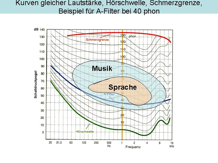 Kurven gleicher Lautstärke, Hörschwelle, Schmerzgrenze, Beispiel für A-Filter bei 40 phon Musik Sprache 