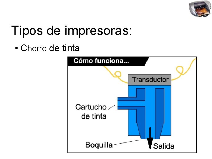 Tipos de impresoras: • Chorro de tinta 