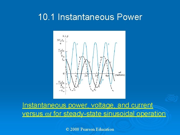 10. 1 Instantaneous Power Instantaneous power, voltage, and current versus ωt for steady-state sinusoidal