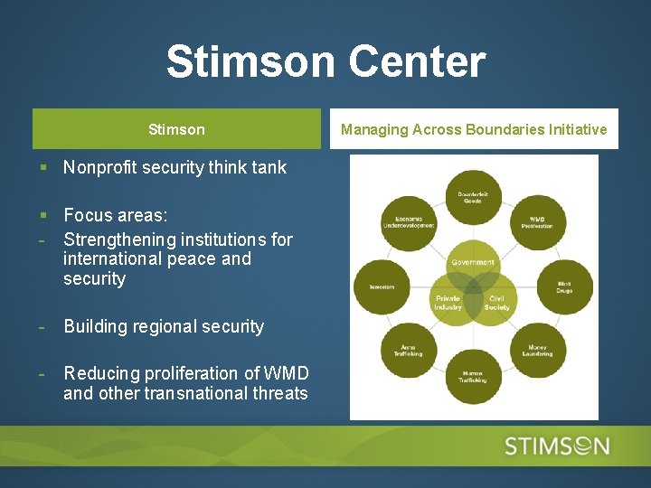 Stimson Center Stimson § Nonprofit security think tank § Focus areas: - Strengthening institutions