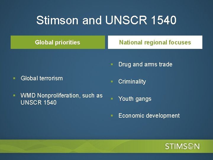 Stimson and UNSCR 1540 Global priorities National regional focuses § Drug and arms trade