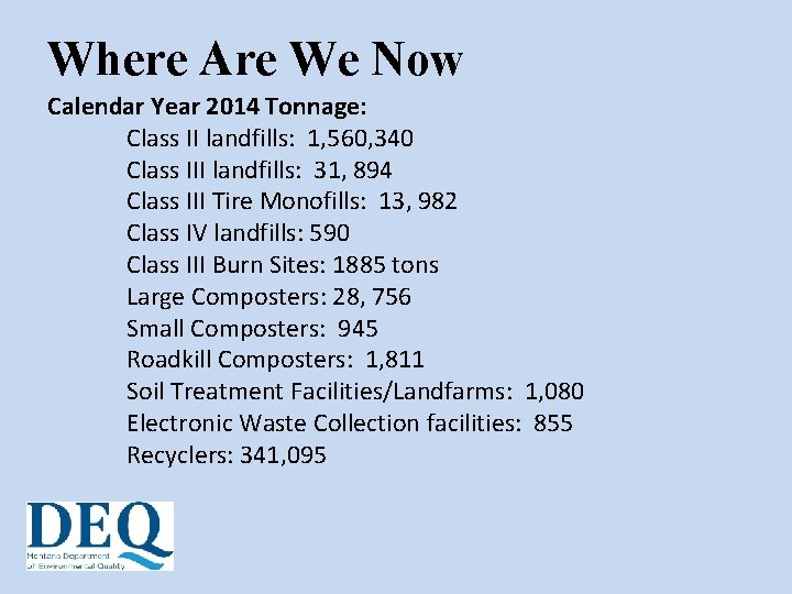 Where Are We Now Calendar Year 2014 Tonnage: Class II landfills: 1, 560, 340