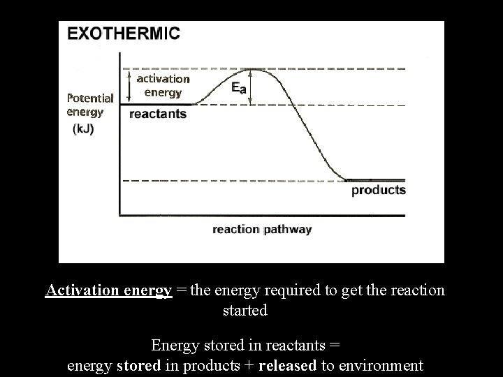 Activation energy = the energy required to get the reaction started Energy stored in