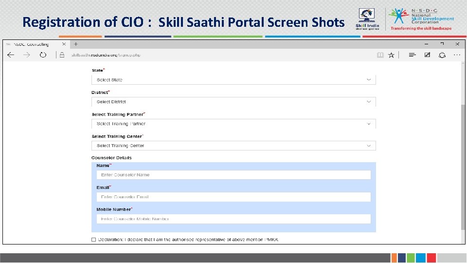 Registration of CIO : Skill Saathi Portal Screen Shots 