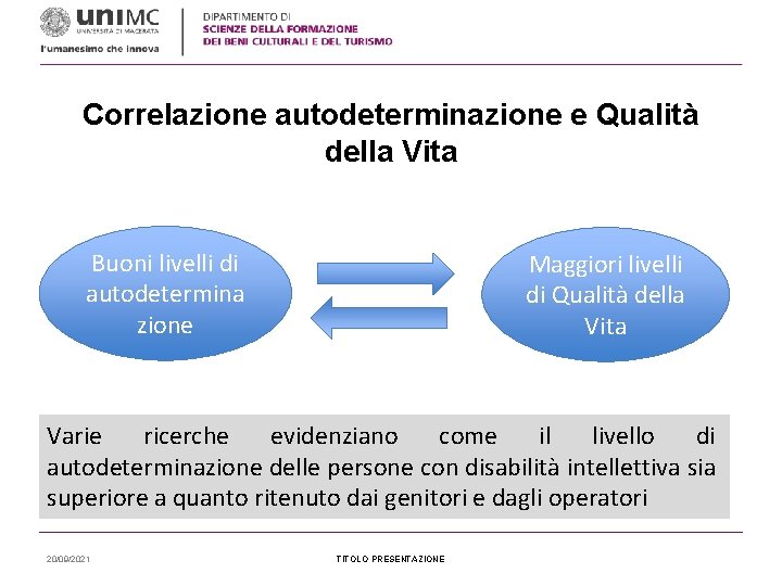 Correlazione autodeterminazione e Qualità della Vita Buoni livelli di autodetermina zione Maggiori livelli di