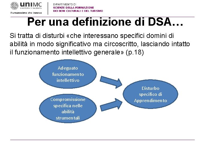 Per una definizione di DSA… Si tratta di disturbi «che interessano specifici domini di