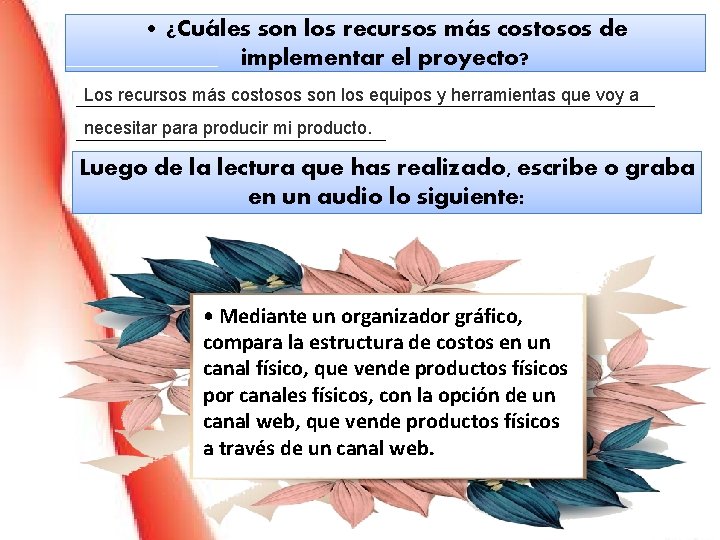  • ¿Cuáles son los recursos más costosos de implementar el proyecto? Los recursos