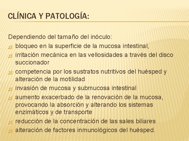 CLÍNICA Y PATOLOGÍA: Dependiendo del tamaño del inóculo: bloqueo en la superficie de la