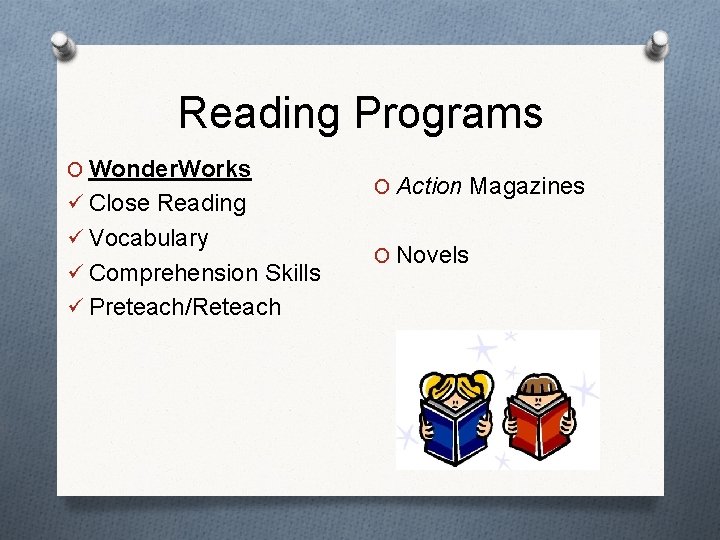 Reading Programs O Wonder. Works ü Close Reading ü Vocabulary ü Comprehension Skills ü