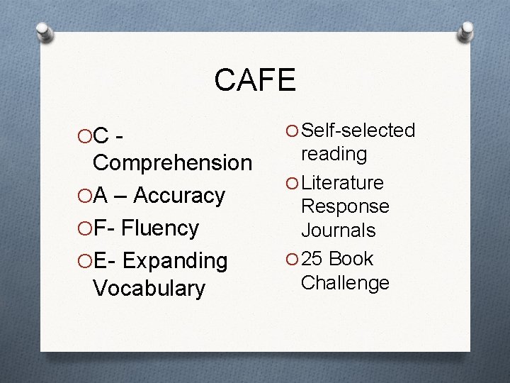 CAFE OC - Comprehension OA – Accuracy OF- Fluency OE- Expanding Vocabulary O Self-selected CAFE OC - Comprehension OA – Accuracy OF- Fluency OE- Expanding Vocabulary O Self-selected
