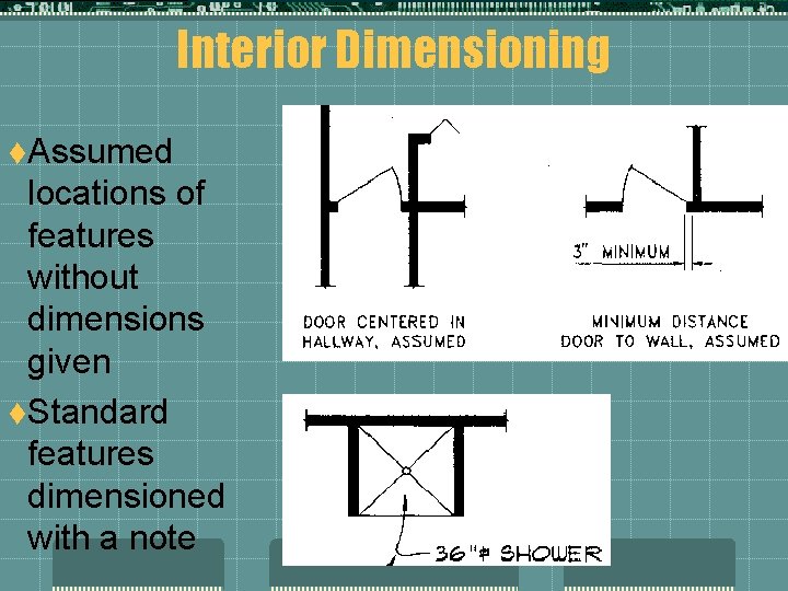 Interior Dimensioning t. Assumed locations of features without dimensions given t. Standard features dimensioned