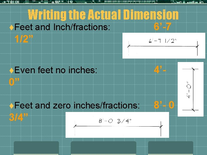 Writing the Actual Dimension t. Feet and Inch/fractions: 6’-7 1/2” feet no inches: 4’-