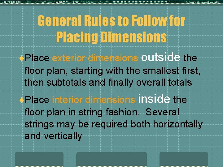 General Rules to Follow for Placing Dimensions exterior dimensions outside the floor plan, starting